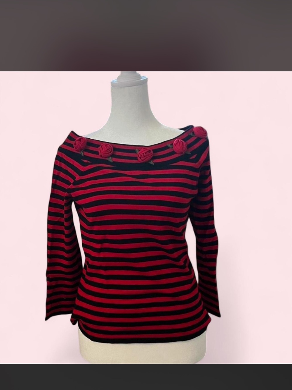 VTG Off-the-Shoulder Red and Black Striped Sweater with Rosette Trim